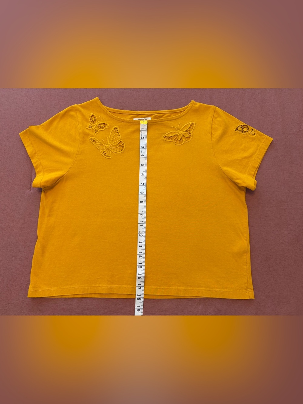 Women's Mustard Yellow Butterfly Cutout Short Sleeve Top - Picture 13 of 15